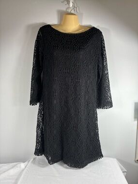 Sharagano Black Lace Shift Dress Sz 8 Sheer Overlay Boho Chic Elegant